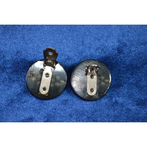 Vintage Black Circle Celluloid Plastic Gemstone Clip On Earrings Rhinestone - Picture 2 of 8